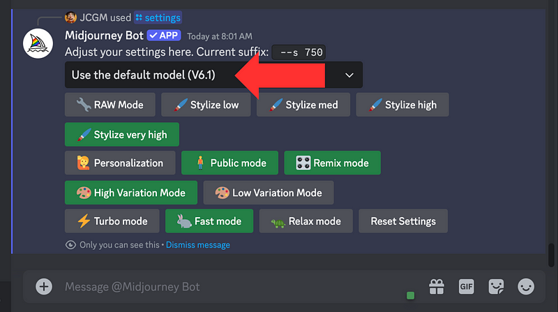 Midjourney settings page