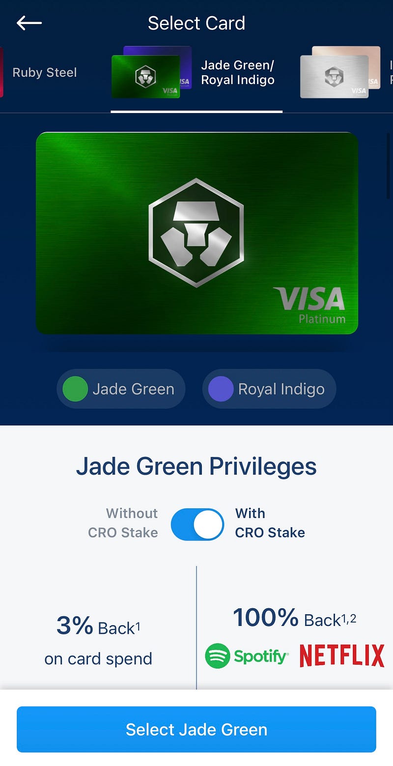 Crypto.com Metal VISA card options