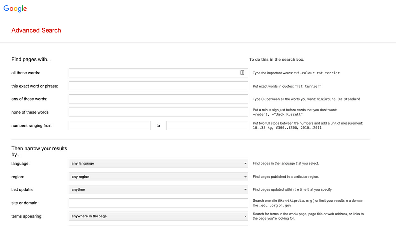 Screenshot of Google Advanced Search interface.