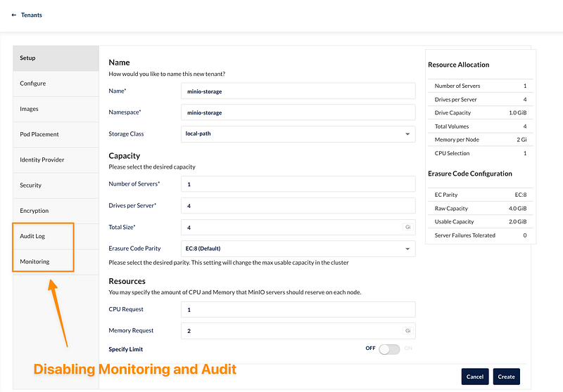 Minimal Settings for Tenant Creation