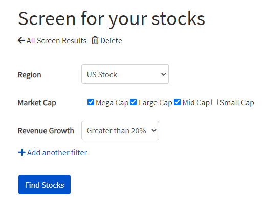 Growth stock screening tool interface