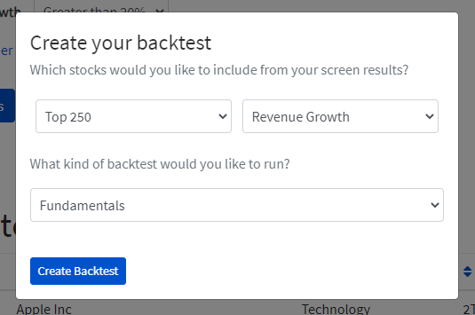 Backtest setup for growth investing strategy