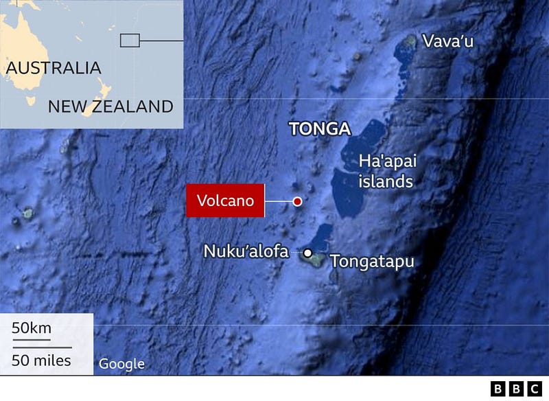 Satellite view of the Hunga Tonga-Hunga Ha'apai eruption