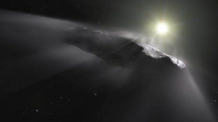 Illustration of 'Oumuamua's unusual shape and trajectory.