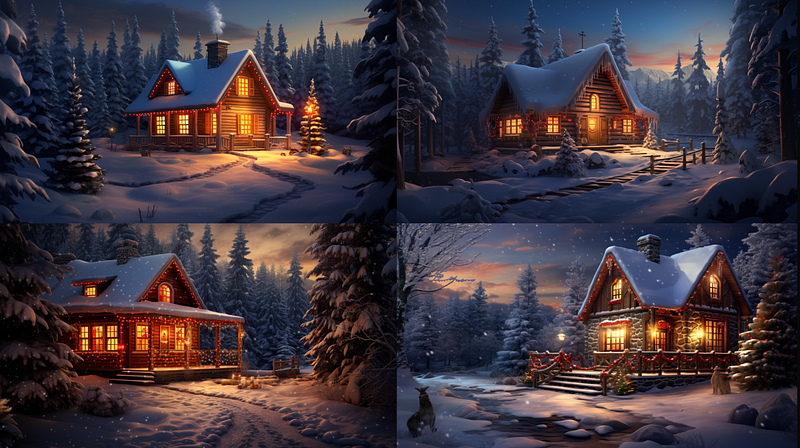 A cozy Christmas cabin illuminated at twilight.