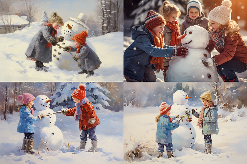 Children happily making a snowman in winter.