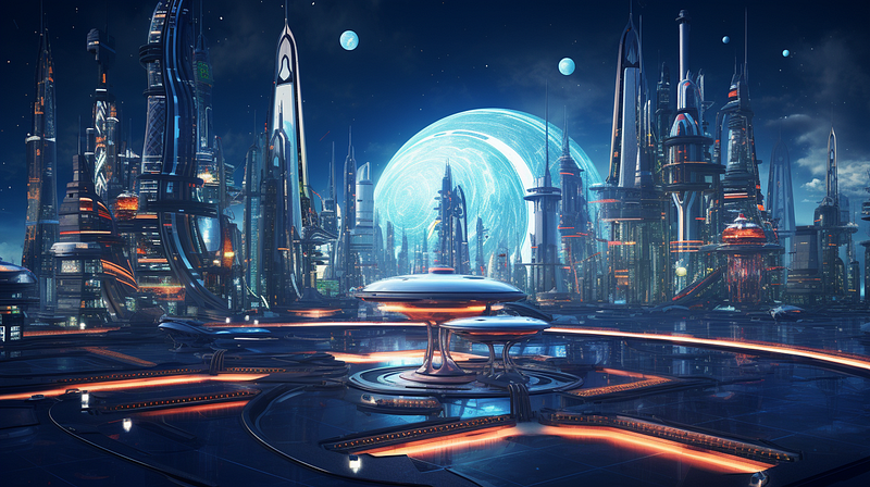 A vibrant futuristic Christmas landscape.