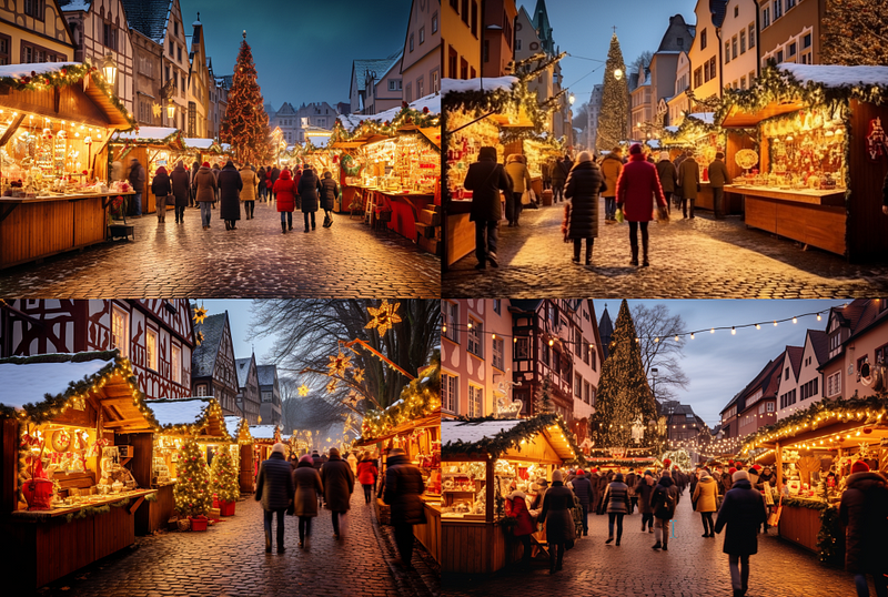 A lively medieval Christmas market scene.