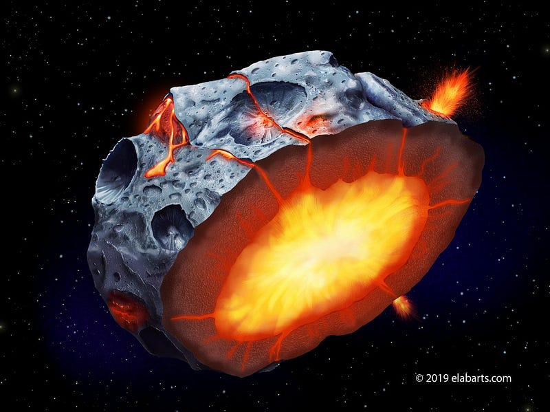 Visualization of volcanic activity on metallic asteroids