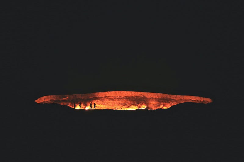 Aerial view of the Darvaza Crater at night