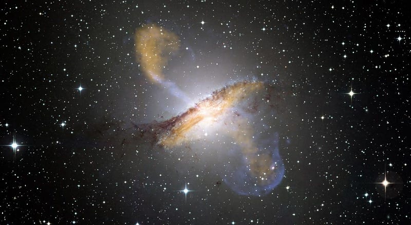 A composite image of Centaurus A, highlighting its active galactic nucleus.